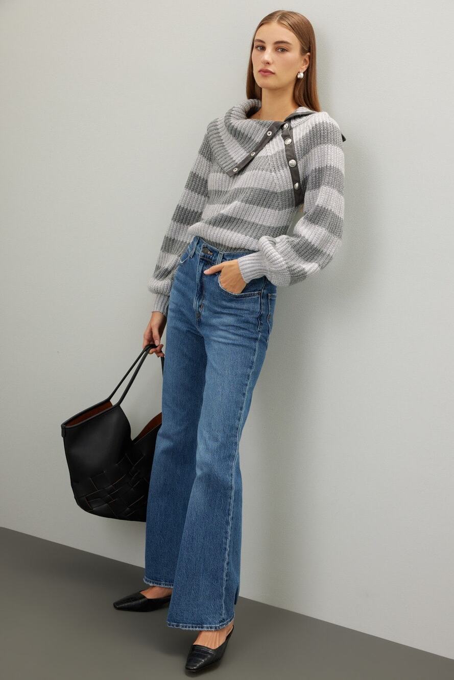 Derek Lam 10 Crosby Button Neck Striped Wool Knit Turtleneck Sweater S